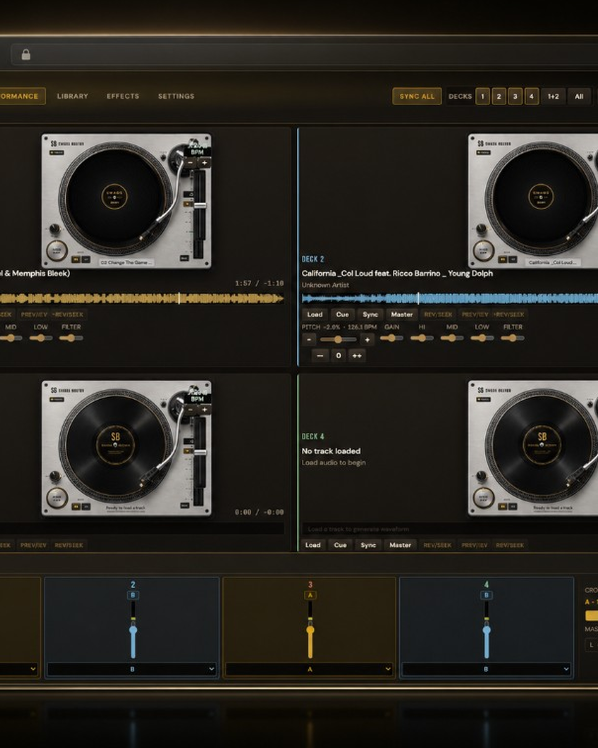 Swagg Brown Online DJ — four-deck performance mixer in the browser