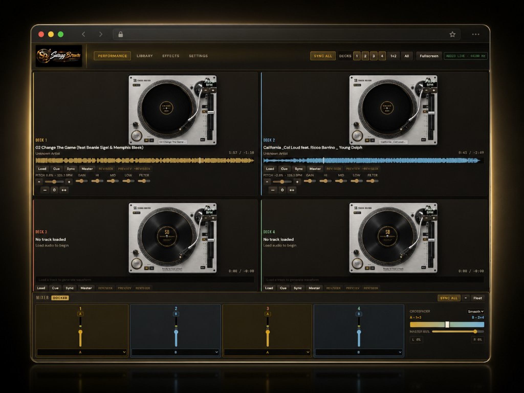 Swagg Brown Online DJ — full four-deck performance mixer in the browser